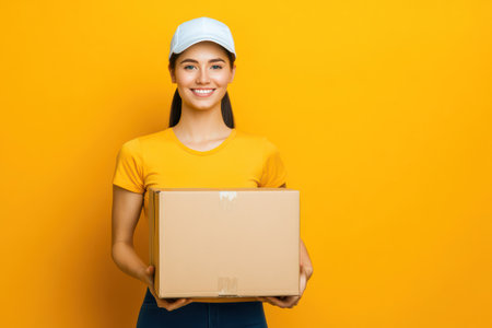 Happy female courier in uniform holding cardboard box against studio backdrop, showing modern delivery, logistics, and fast shipping.の素材