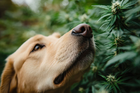 A close-up of a dog nose exploring and sniffing blooming cannabis plants, suggesting curiosity and natural scent behavior.の素材