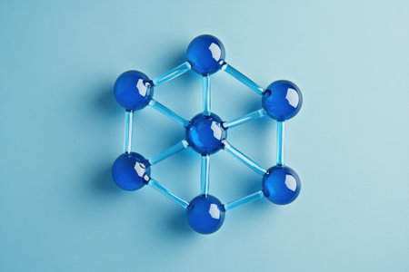 Scientific 3D molecular model with blue atoms and bonds on blue background, used in medicine, chemistry, and biotech visuals.の素材