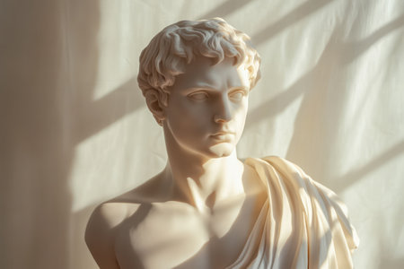 Elegant sculpture of a man's bust with delicate shadows and light, evoking classical art, history, and refined design.の素材