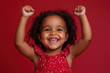 Excited child girl with raised hands on colorful background expressing happiness, enthusiasm, and playful victory emotions.の素材
