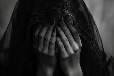 Sad young woman covering her head, expressing grief, stress, heartbreak, unemployment, and emotional breakdown in solitude.の素材