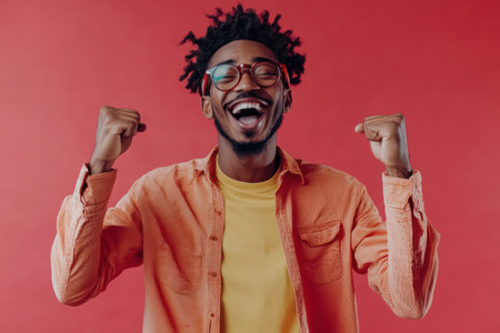 Ecstatic male raising both fists in victory pose, expressing triumph, joy, and personal achievement on colorful background.の素材