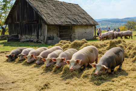 Group of pigs feeding on hay in a sheltered farm structure, illustrating livestock maintenance and animal care in agriculture.の素材