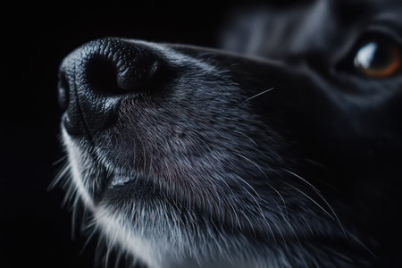 Extreme detail of a dog sniffing, focusing on its wet nose and mouth, capturing scent behavior and pet curiosity.の素材