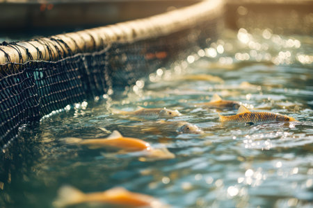 Aerial view of fish farm setup with net enclosures in a water body, representing aquaculture, food supply, and sustainability.の素材