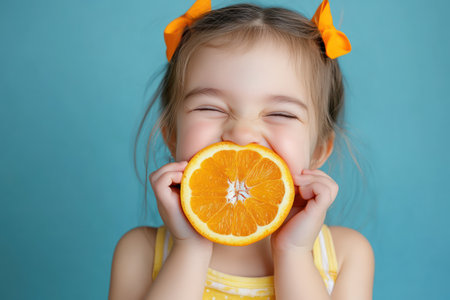 Playful portrait of young girl with spaghetti around her mouth, highlighting childhood joy, food fun, and messy eating.の素材