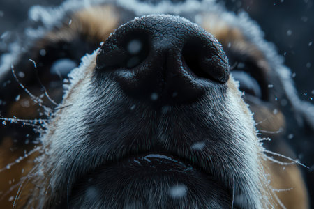 Extreme detail of a dog sniffing, focusing on its wet nose and mouth, capturing scent behavior and pet curiosity.の素材