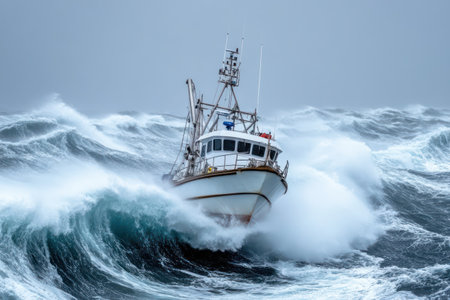 Fishing vessel struggling against rough sea and stormy waves in winter, highlighting danger, survival, and harsh ocean conditions.の素材