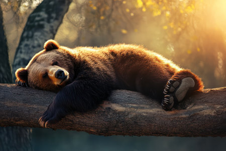 Adorable bear snoozing lazily on a high tree limb under sunshine, expressing calm, wild nature, and sleepy humor.の素材
