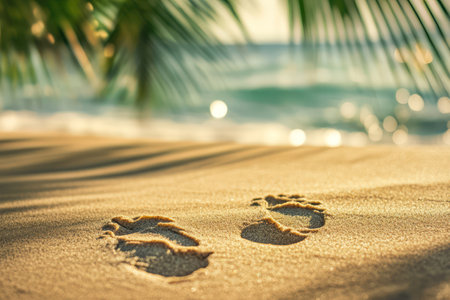 Single trail of human footprints in soft sand, with dreamy bokeh of tropical beach environment in the background.の素材