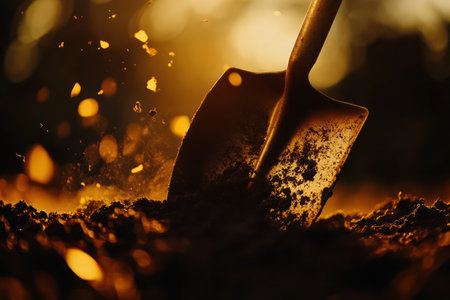 Closeup of shovel with soil field bokeh, garden work concept.の素材