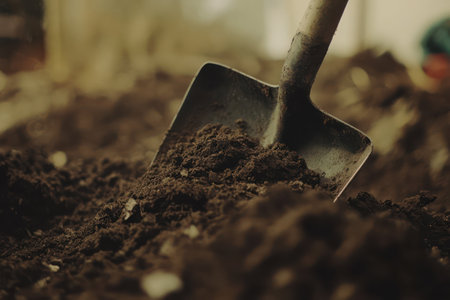 Closeup of shovel with soil field bokeh, garden work concept.の素材