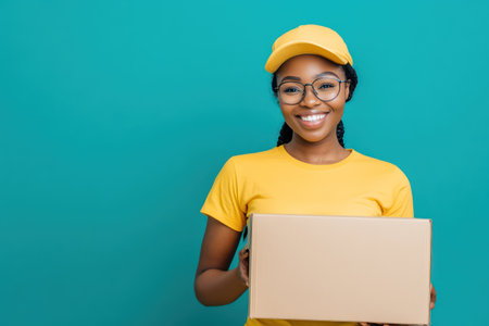 Happy female courier in uniform holding cardboard box against studio backdrop, showing modern delivery, logistics, and fast shipping.の素材