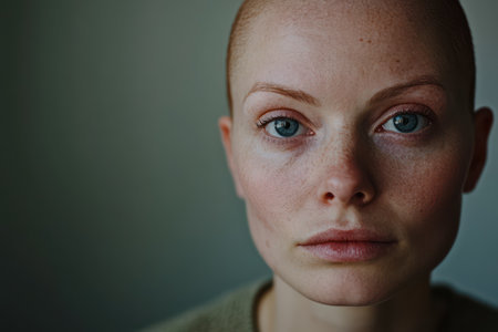 Close up woman with little hair due to alopecia or hair loss.の素材