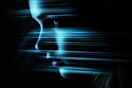 Abstract digital background with glowing blue streaks representing artificial intelligence, cyber technology, and digital future innovation.の素材