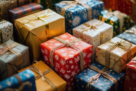 Brightly wrapped gift boxes in warehouse representing Christmas shipping, delivery logistics, and seasonal retail fulfillment concept.の素材