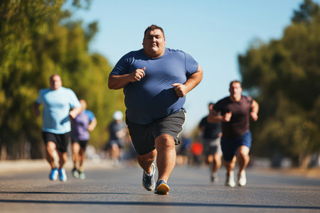 Group of overweight individuals running outdoors for exercise, symbolizing active lifestyle changes, wellness, and weight loss goals.の素材