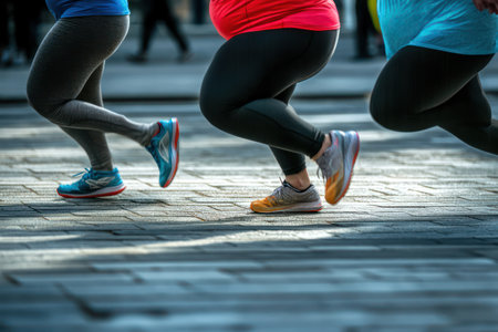 Group of overweight individuals running outdoors for exercise, symbolizing active lifestyle changes, wellness, and weight loss goals.の素材
