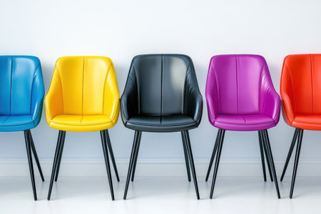 Single black chair lit up among colorful chairs on white background, representing job recruitment, leadership, and candidate selection.の素材