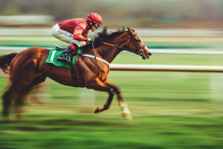 Powerful horses racing neck-and-neck in a competitive event, showcasing equestrian athleticism and speed under pressure.の素材
