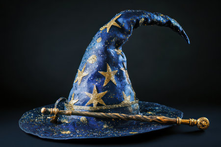 Iconic magician's hat and wand isolated on black background, representing illusion, performance, and classic stage magic.の素材