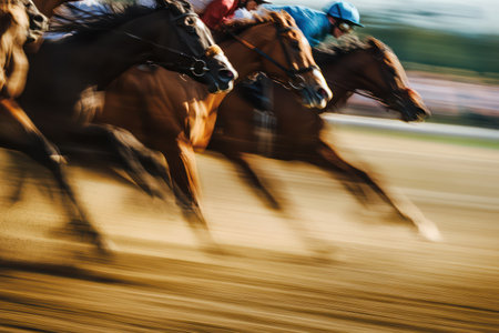 Powerful horses racing neck-and-neck in a competitive event, showcasing equestrian athleticism and speed under pressure.の素材