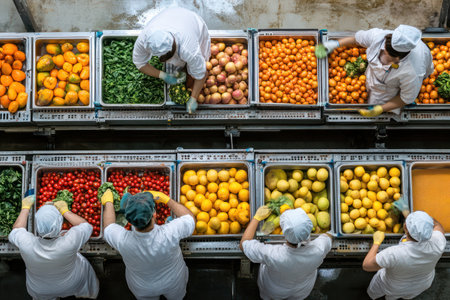 Team of factory workers packaging and sorting fresh fruits and vegetables in an automated food production facility.の素材