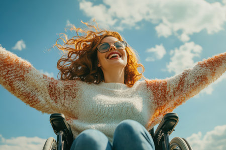 Happy woman in wheelchair spending time outdoors, expressing freedom, strength, and empowerment with a radiant smile.の素材