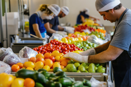 Team of factory workers packaging and sorting fresh fruits and vegetables in an automated food production facility.の素材
