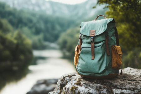 Outdoor travel backpack mockup displayed on natural blurred background, ideal for product design, branding, and adventure themes.の素材