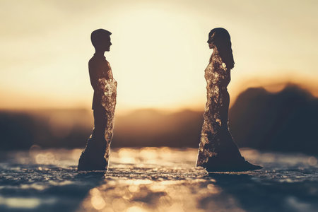 Symbolic image of man and woman standing apart, representing broken relationship, separation, and legal divorce process.の素材