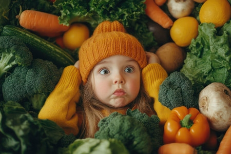 Disappointed girl pushes away a plate of vegetables, symbolizing picky eating and nutritional challenges in childhood.の素材