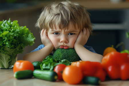 Little boy pushes plate of healthy vegetables away, looking disinterested and unhappy with healthy eating.の素材