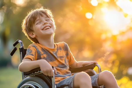 Smiling child standing under rainfall in lush park setting, capturing youthful joy, nature connection, and outdoor fun.の素材