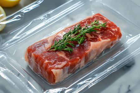 Fresh cut of red meat steak sealed in clear vacuum wrap, showcasing freshness, marbling, and preservation method for cooking.の素材