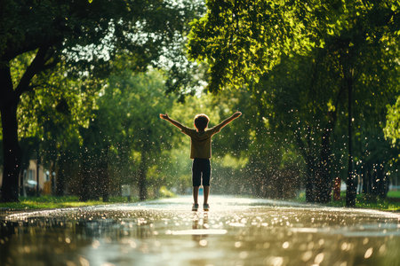 Carefree young child smiling and playing in the rain in a lush park, embracing happiness and nature beauty.の素材