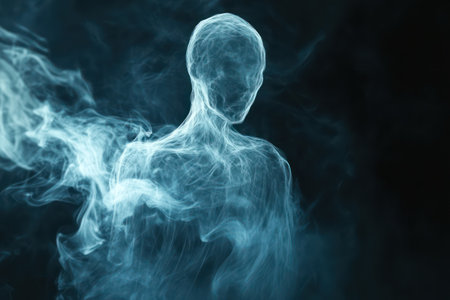 A mysterious spirit-like form takes shape from swirling smoke in darkness, suggesting supernatural presence, fear, and the unknown.の素材