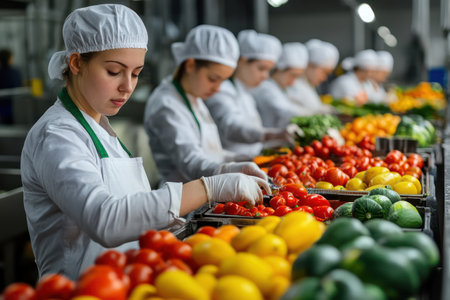 Team of factory workers packaging and sorting fresh fruits and vegetables in an automated food production facility.の素材