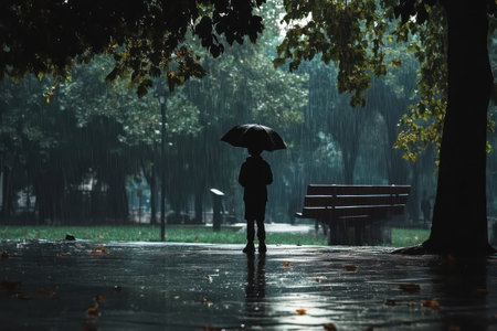 Carefree young child smiling and playing in the rain in a lush park, embracing happiness and nature beauty.の素材