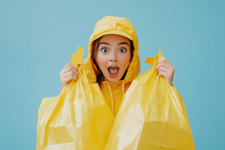 Excited woman surprised while holding shopping bags, symbolizing retail happiness, sale joy, and personal style moments.の素材