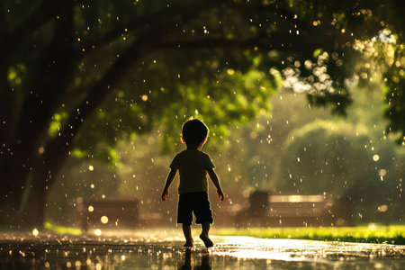 Carefree young child smiling and playing in the rain in a lush park, embracing happiness and nature beauty.の素材