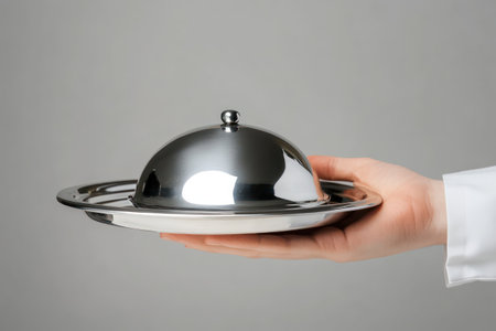 Professional waiter or chef's hand presenting a silver cloche on white background, perfect for food service, catering or menu ads.の素材