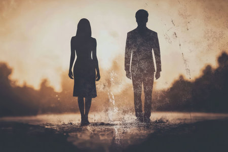 Symbolic image of man and woman standing apart, representing broken relationship, separation, and legal divorce process.の素材