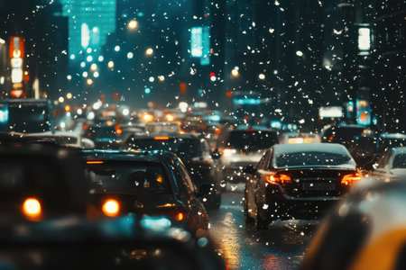 A close-up urban view of a traffic jam at night in snowy weather during rush hour.の素材