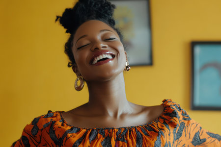 Happy woman dancing with energy and freedom in her living room, capturing positivity, self-love, and home comfort vibes.の素材