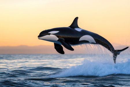 Powerful orca leaps from ocean surface, showcasing marine wildlife action, strength, and freedom in the wild sea.の素材