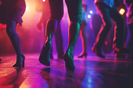 Low angle shot of legs on dance floor at nightclub, capturing movement, celebration, and nightlife energy.の素材