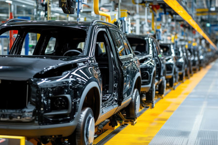 SUV cars being assembled in a clean, high-tech automotive manufacturing plant, showcasing industrial precision and scale.の素材