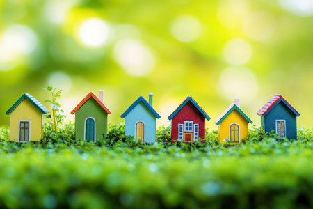 Row of vibrant miniature houses placed outdoors with blurred green backdrop, ideal for real estate, childhood, or model concept.の素材